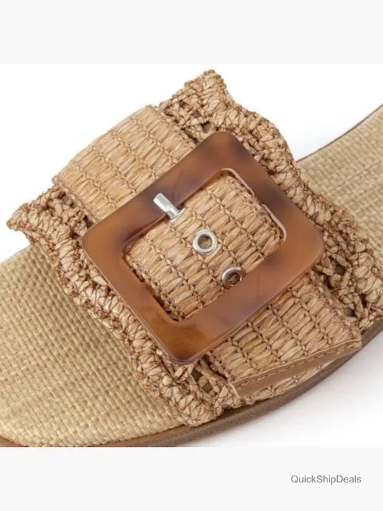 Raffia Flat Sandals Square Toe Slide Slip On Summer Beach - Picture 5 of 7